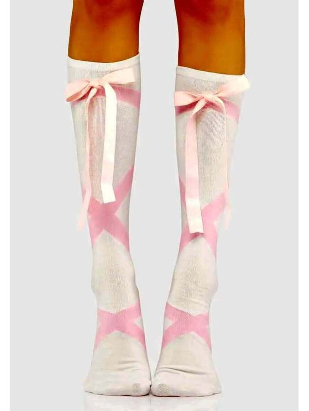 Dolls Kill Barre None White and Pink Ballet Lace-Up Knee High Socks [59]